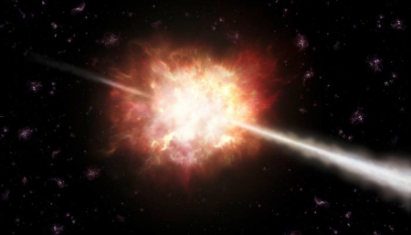 Vue d'artiste d'un sursaut gamma. Vue d'artiste d'un sursaut gamma.